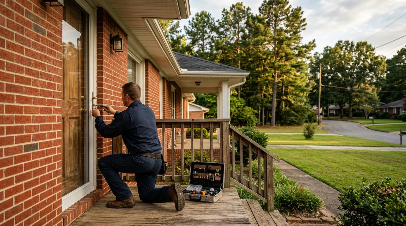 Mobile locksmith kneeling at the front door of a red brick ranch house working on the deadbolt