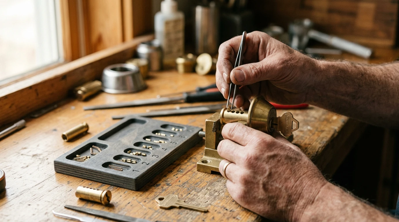 Locksmith hands rekeying a brass deadbolt cylinder with tweezers next to a pinning tray on a workbench